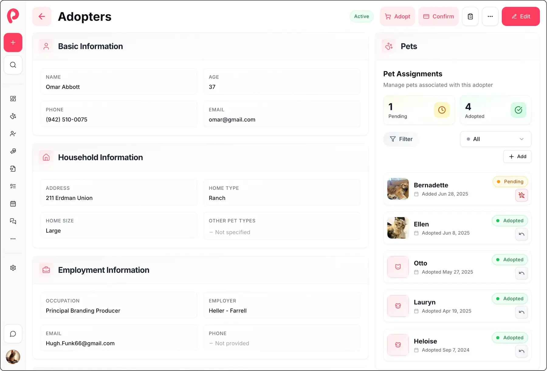 Adopter profile management screen with application status tracking