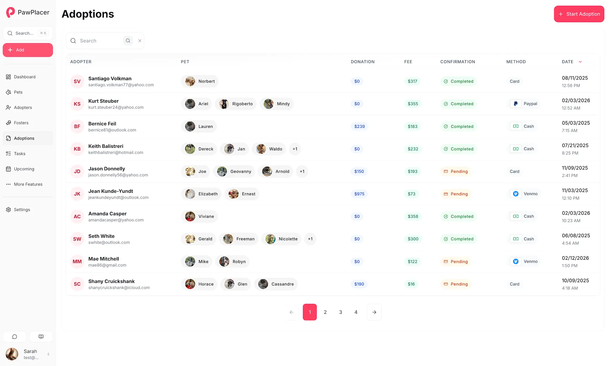 PawPlacer adoptions table with adopters, adopted pets, donations, fees, payment methods, and dates