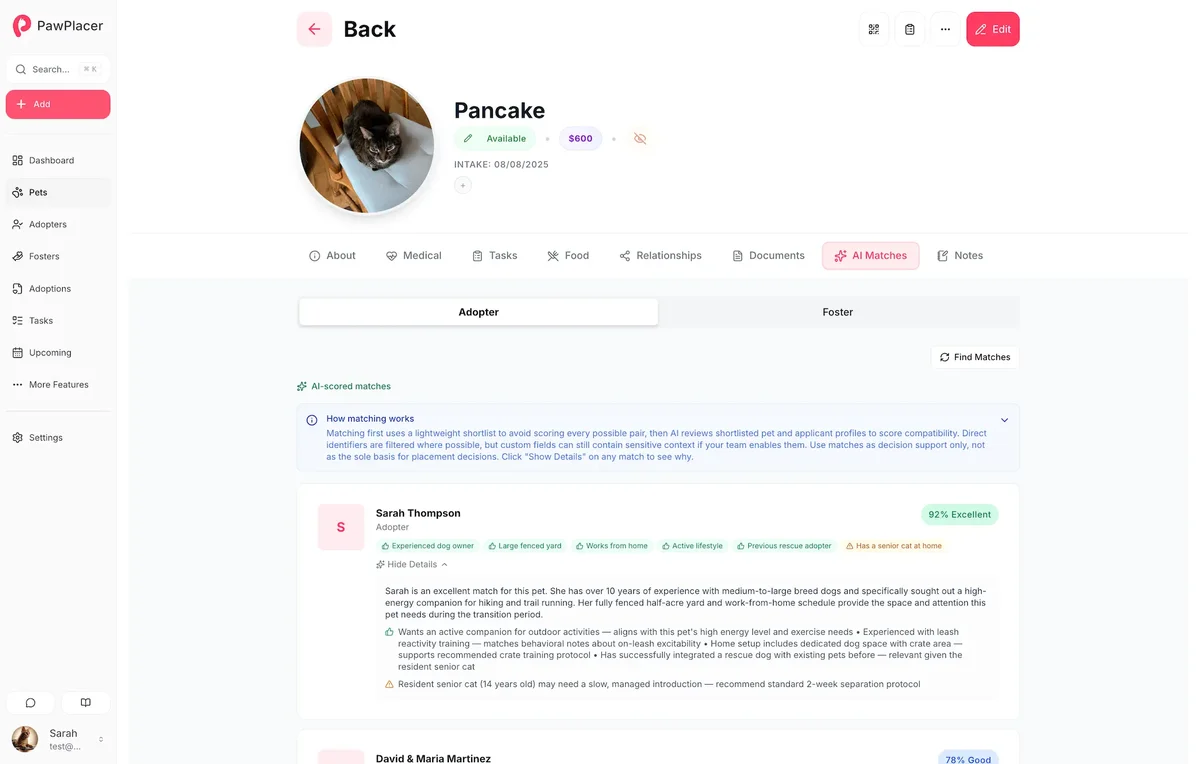 AI pet matching recommendations showing adopter compatibility scores and placement explanations