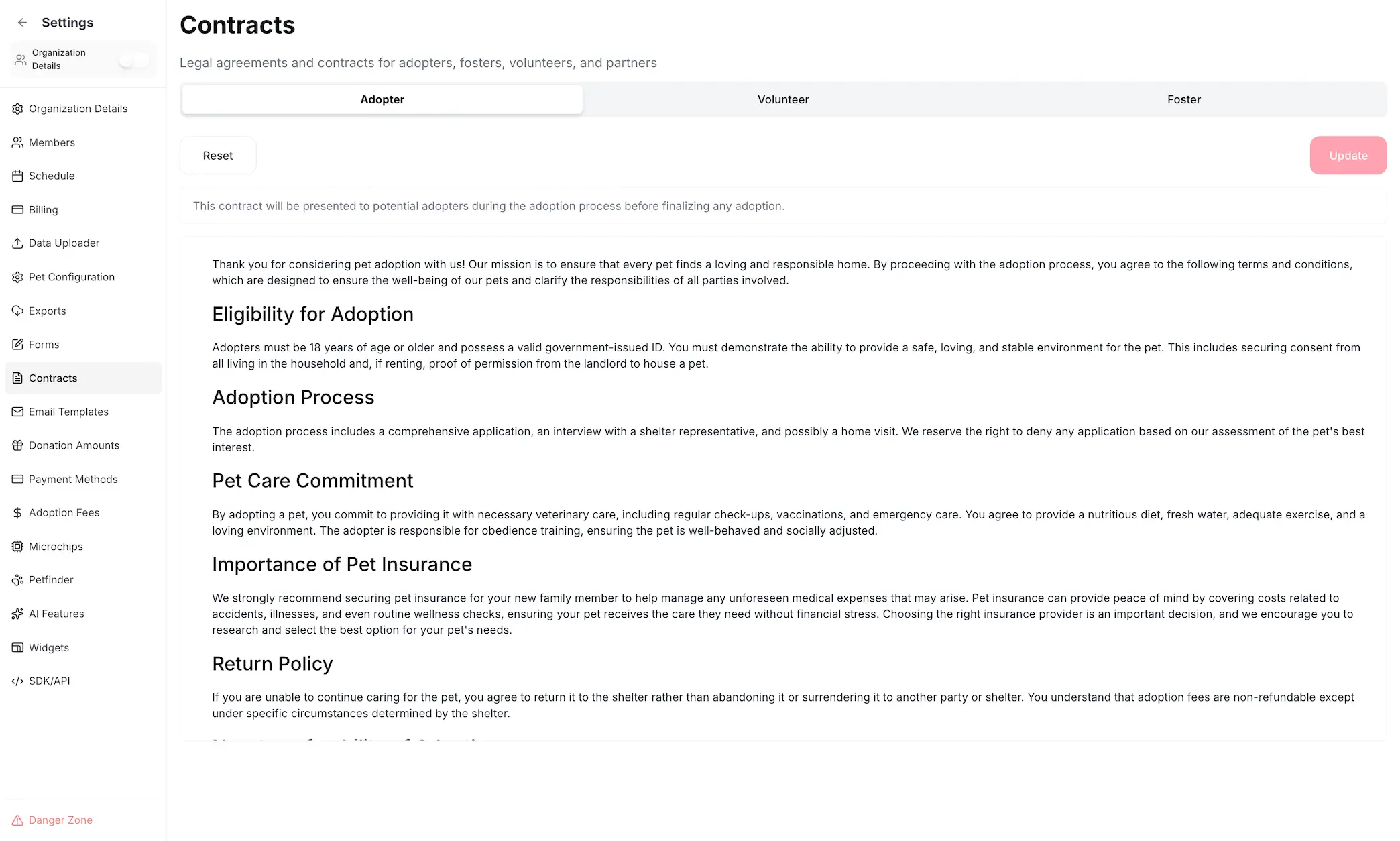 PawPlacer contracts dashboard for managing digital adoption and foster agreements