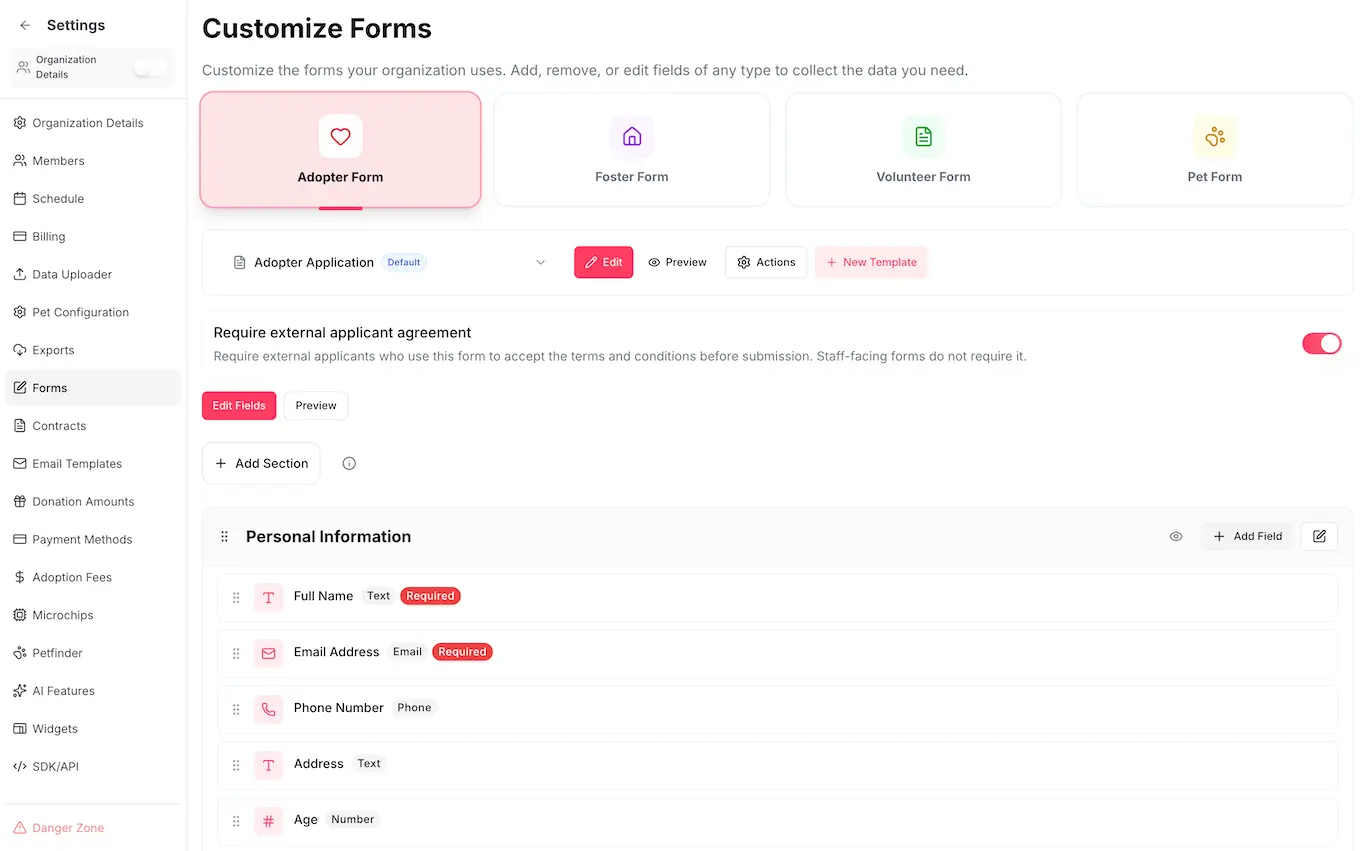 PawPlacer custom form builder for adoption, foster, volunteer, partner, and pet forms