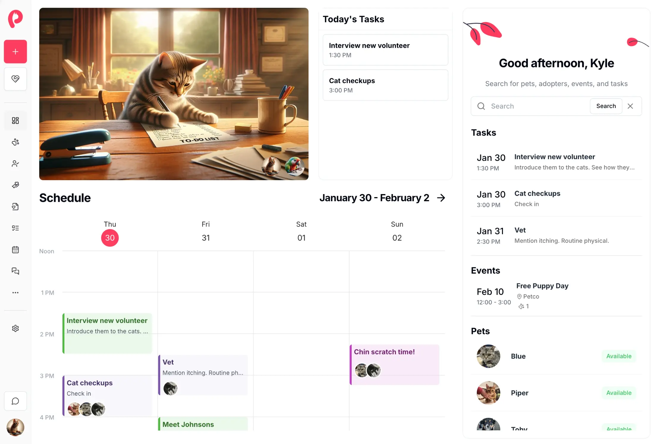 Beautiful dashboard with pet, task, and calendar widgets