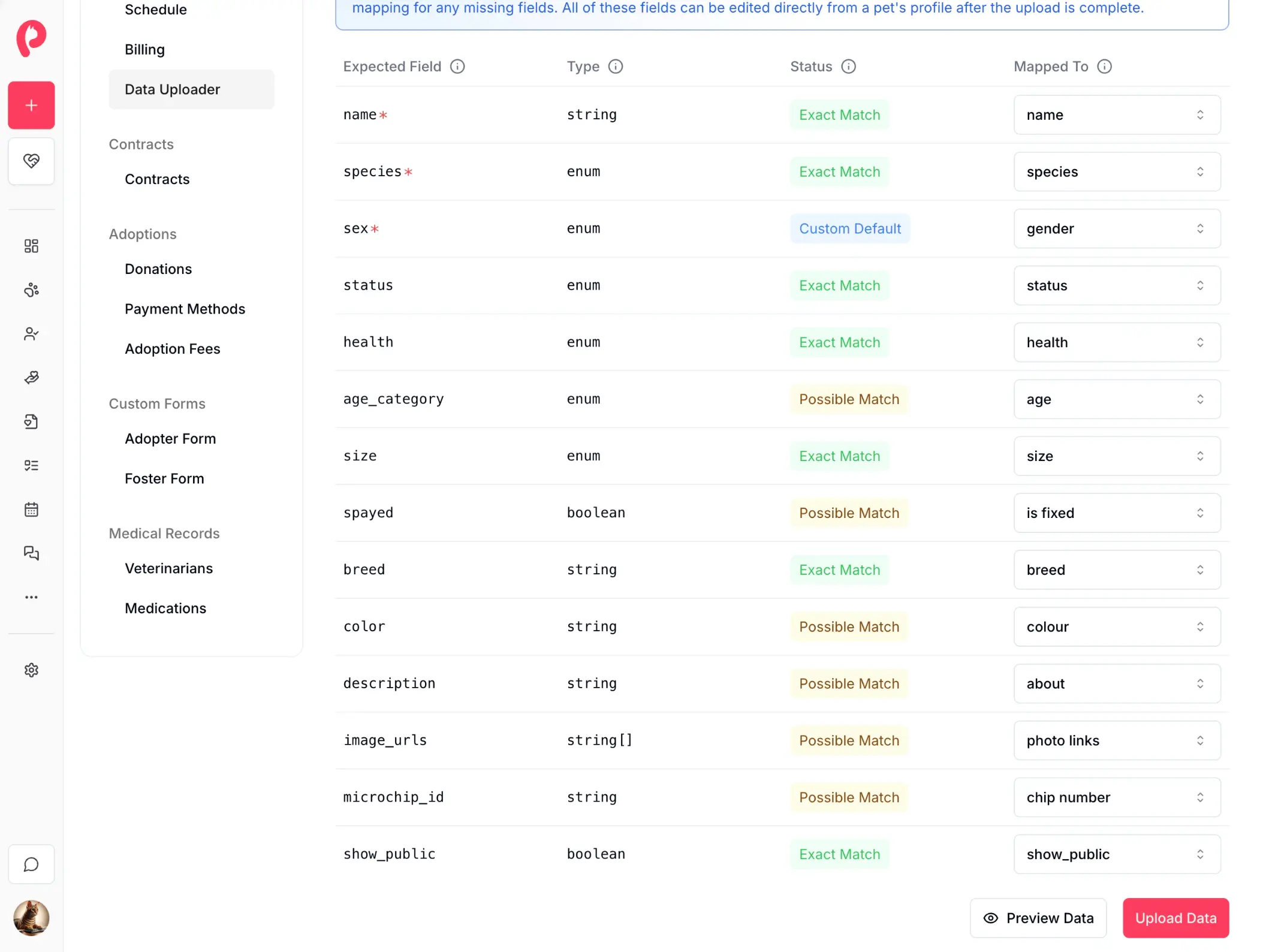 Custom field editor for tailoring intake and adoption forms