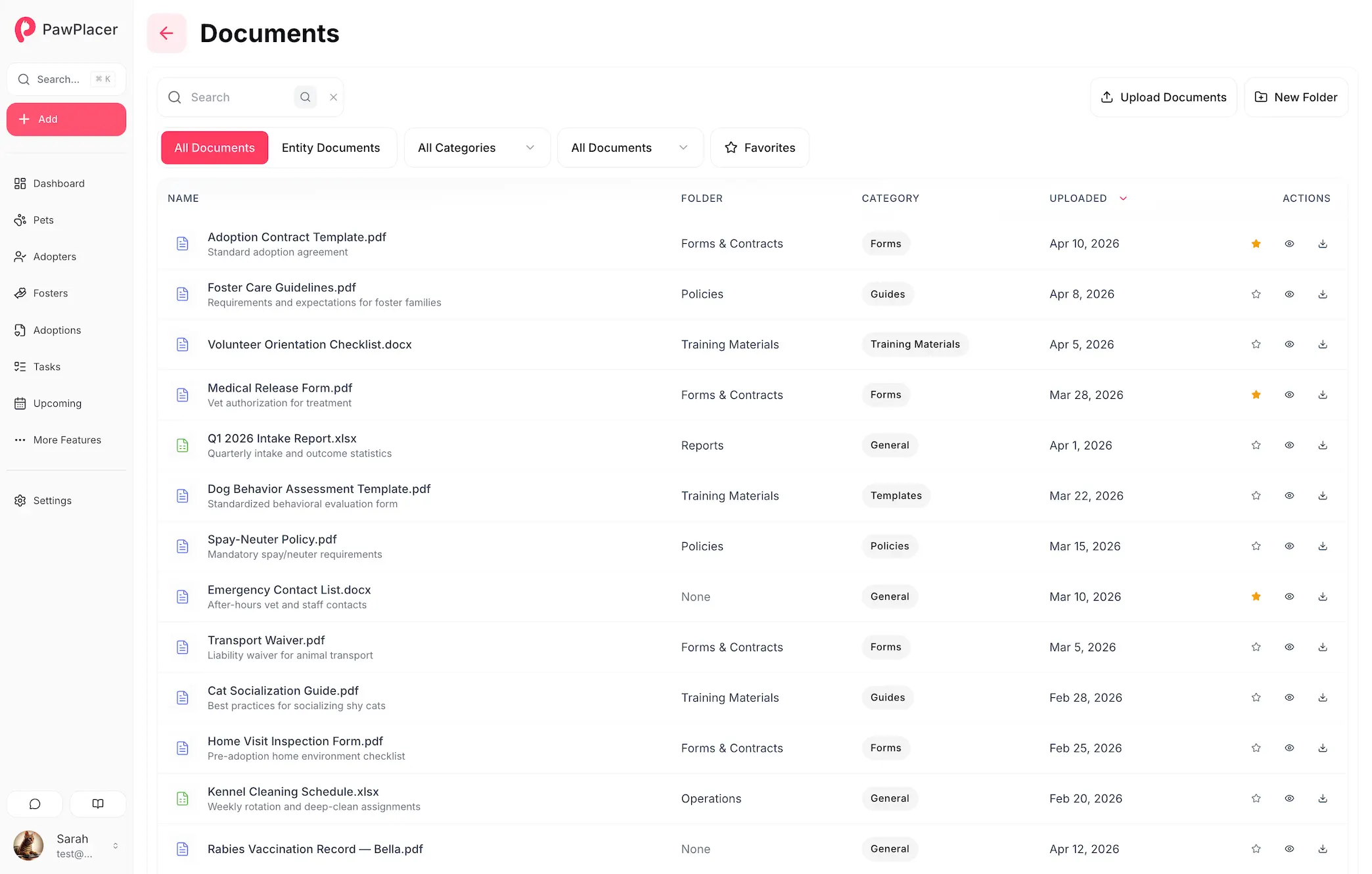 PawPlacer document manager for shelter files with folders, categories, favorites, and upload actions