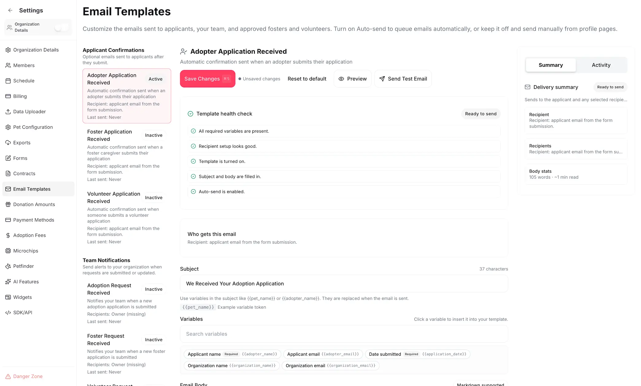 PawPlacer email template editor with dynamic applicant and pet variables
