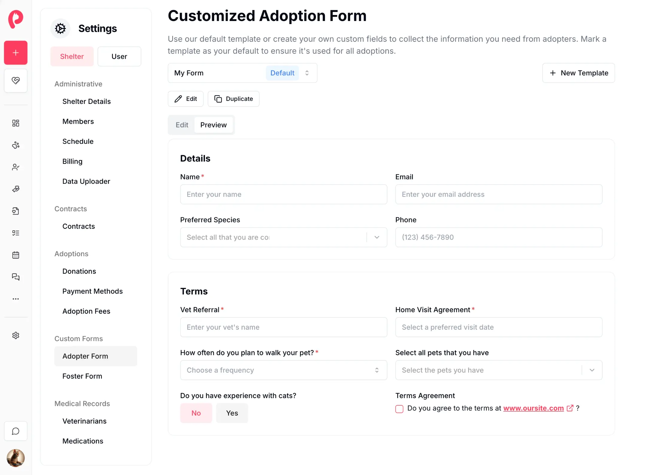 Preview and test intake and adoption forms