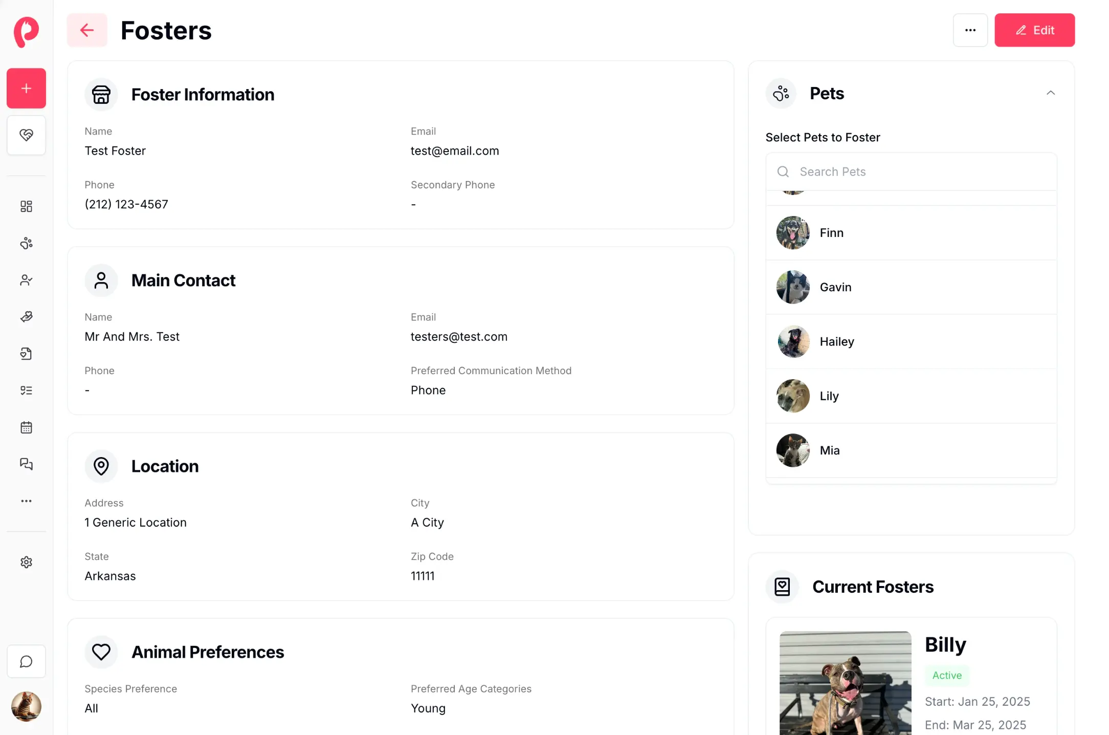 Foster home management dashboard showing pet placements and availability