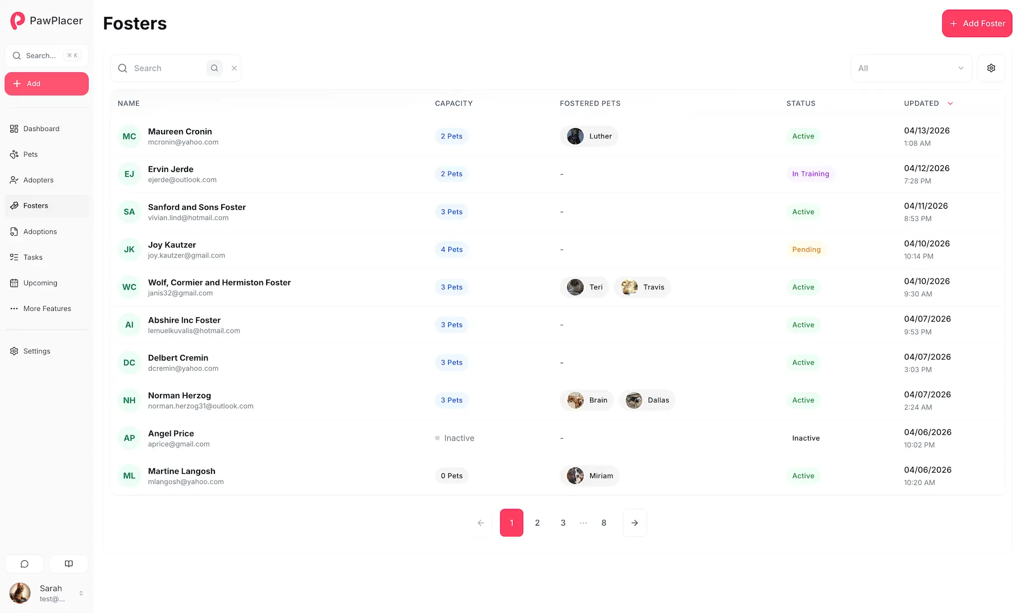 PawPlacer foster home management table with capacity, assigned pets, status, and updates