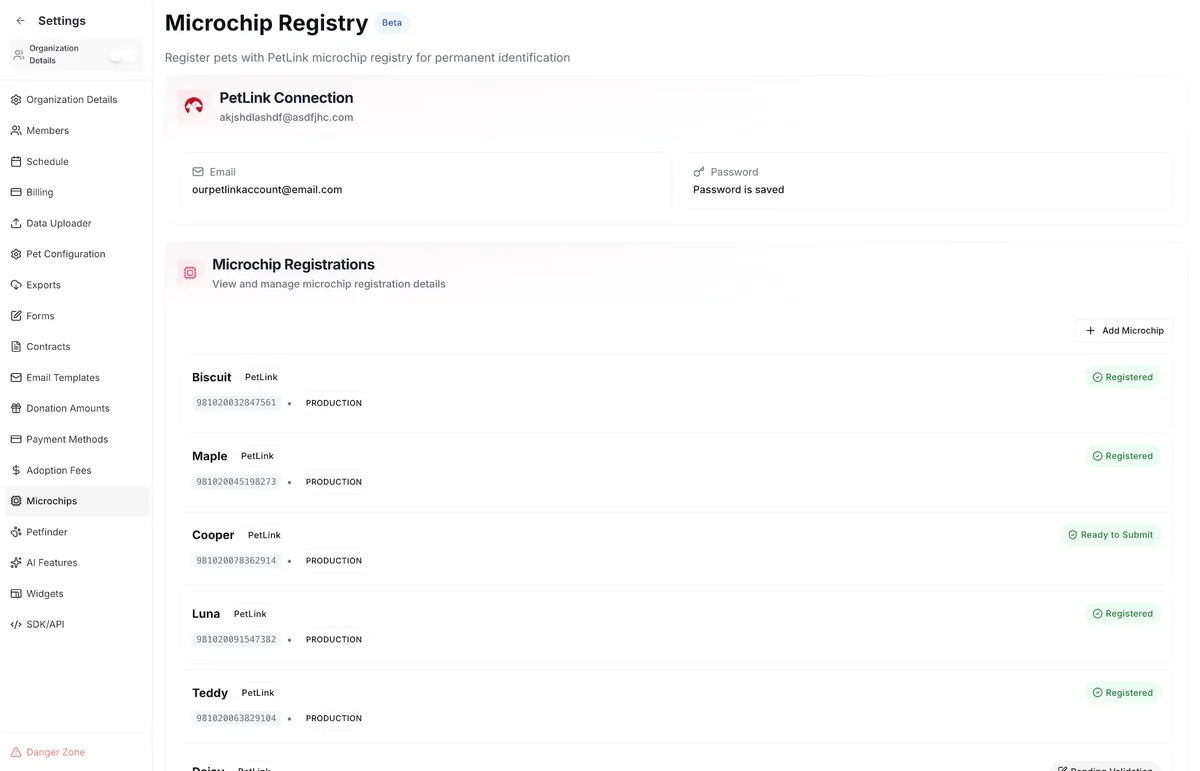 PawPlacer microchip registration workflow for PetLink settings and pet chip records