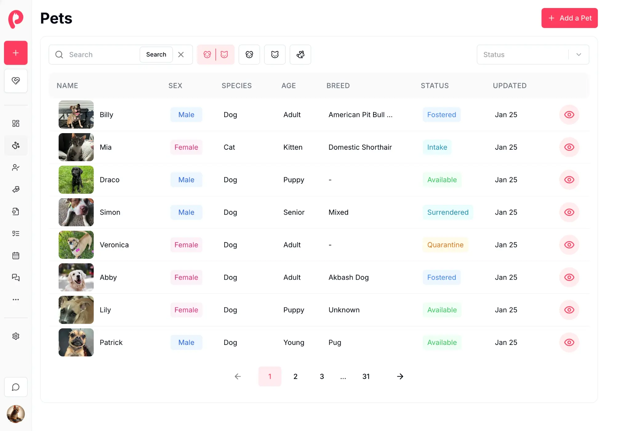 Comprehensive pet management interface showing animal profiles