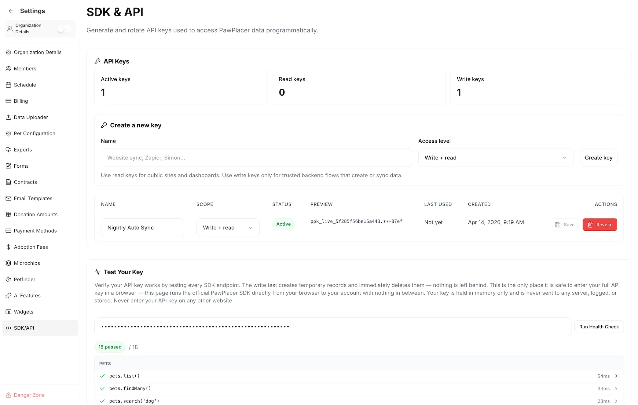 PawPlacer developer SDK and API key management for shelter software integrations