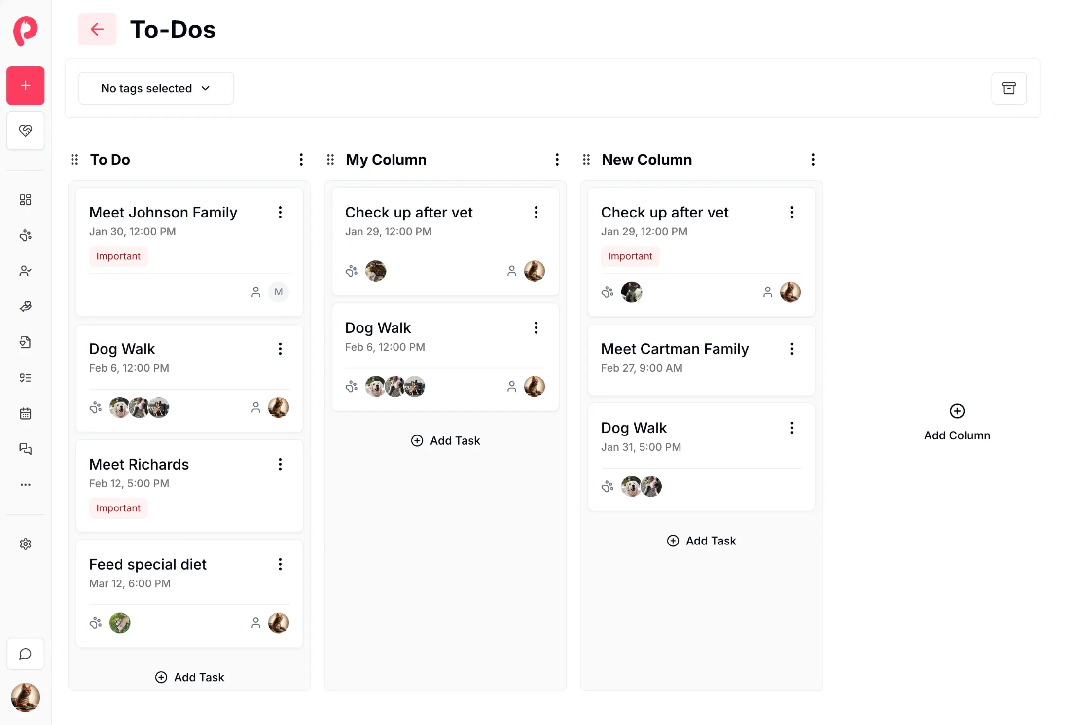 Kanban-style task board for managing shelter operations