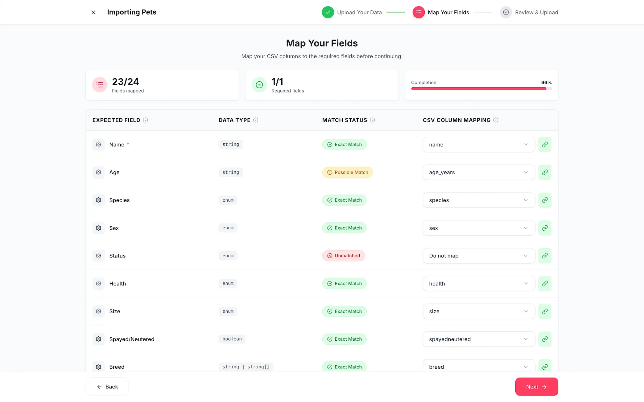 PawPlacer AI data uploader with CSV column mapping, match status, and field validation for pet imports