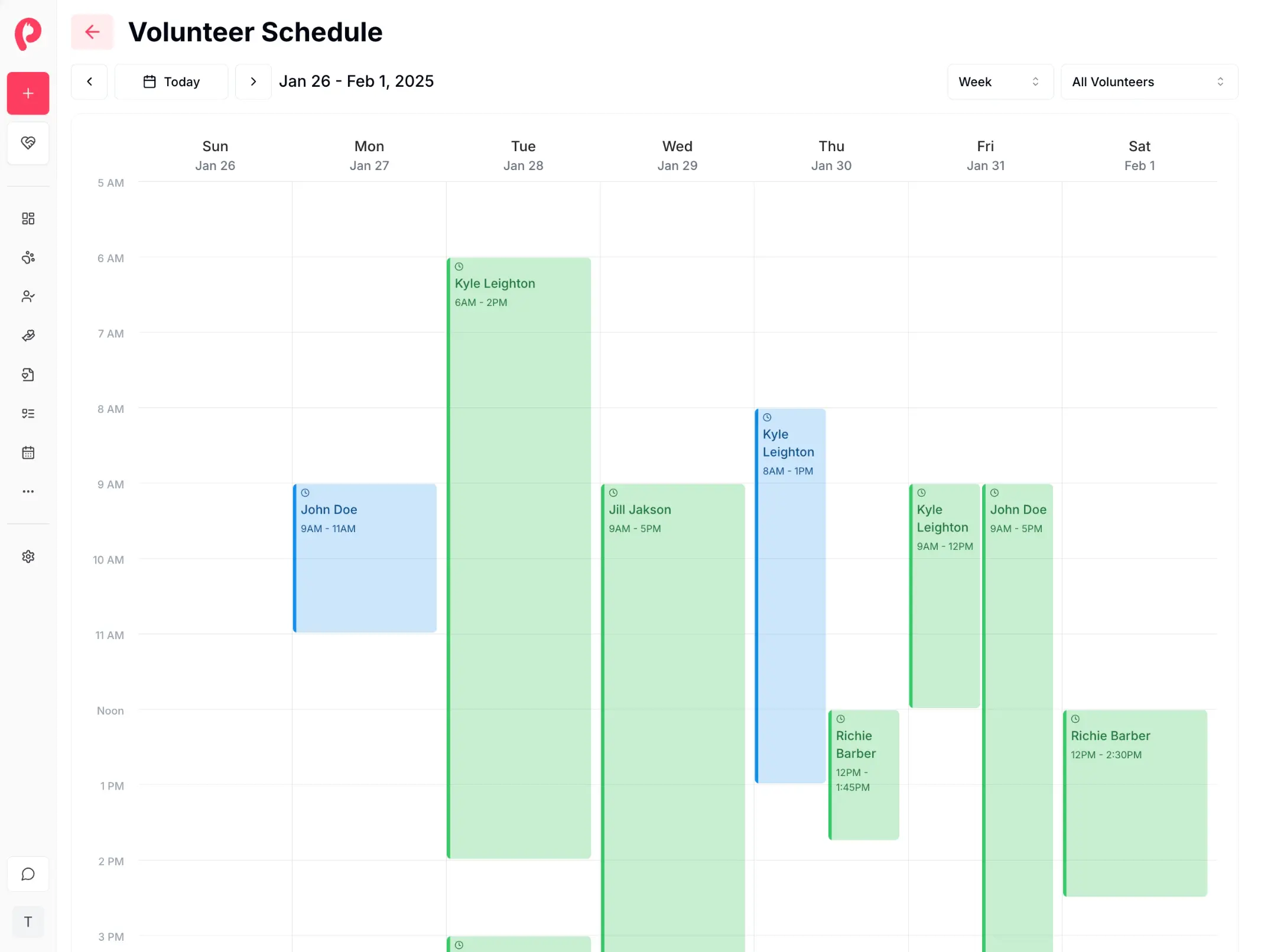 Volunteer management calendar showing schedules and assignments