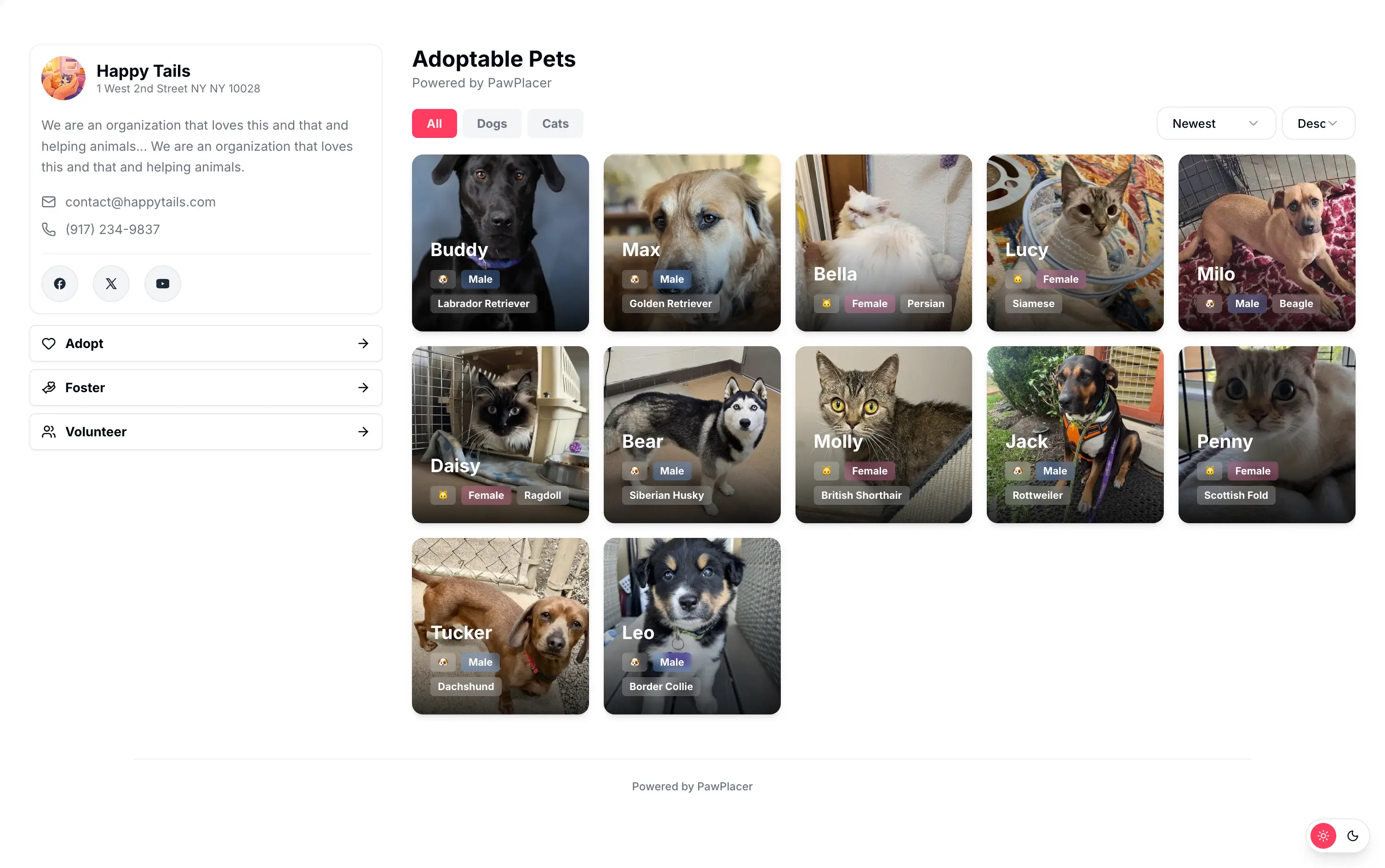 Adoptable pets grid widget with shelter profile, species filters, and sortable pet listings